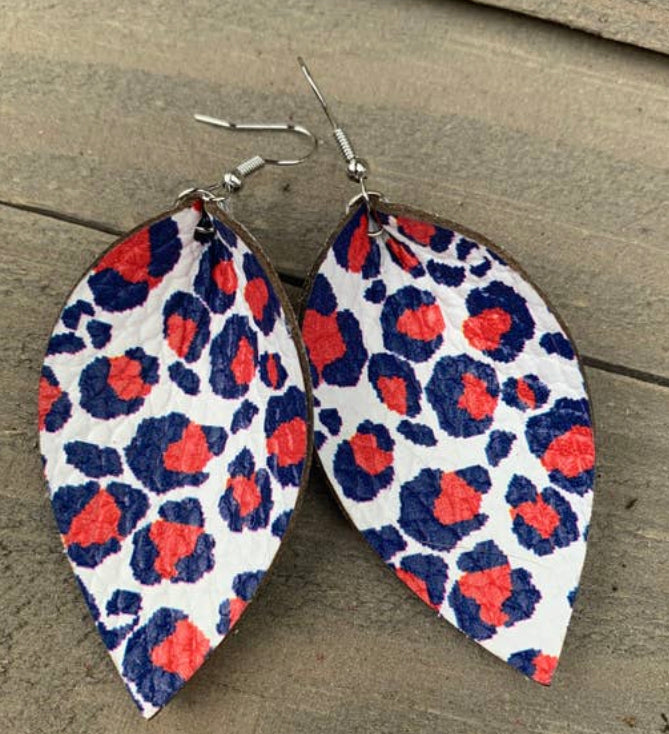 Red White & Blue Leopard Leather Earrings *