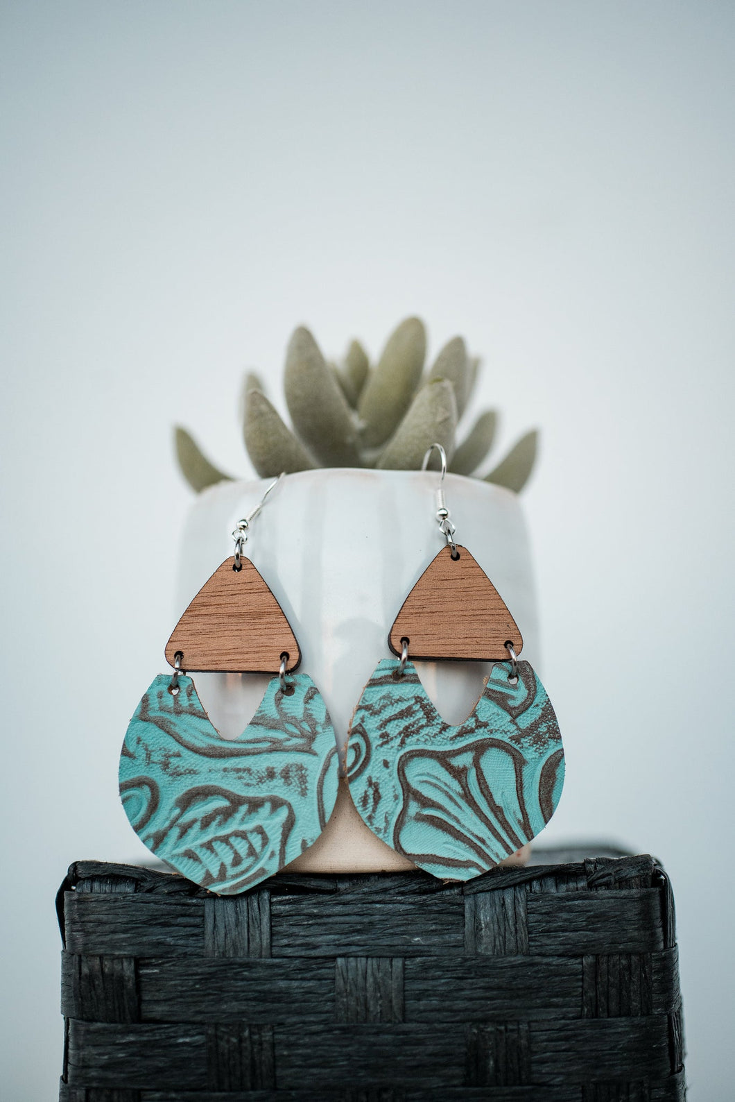 Soft Turquoise Texas Rose Leather & Wood Drop Dangles*