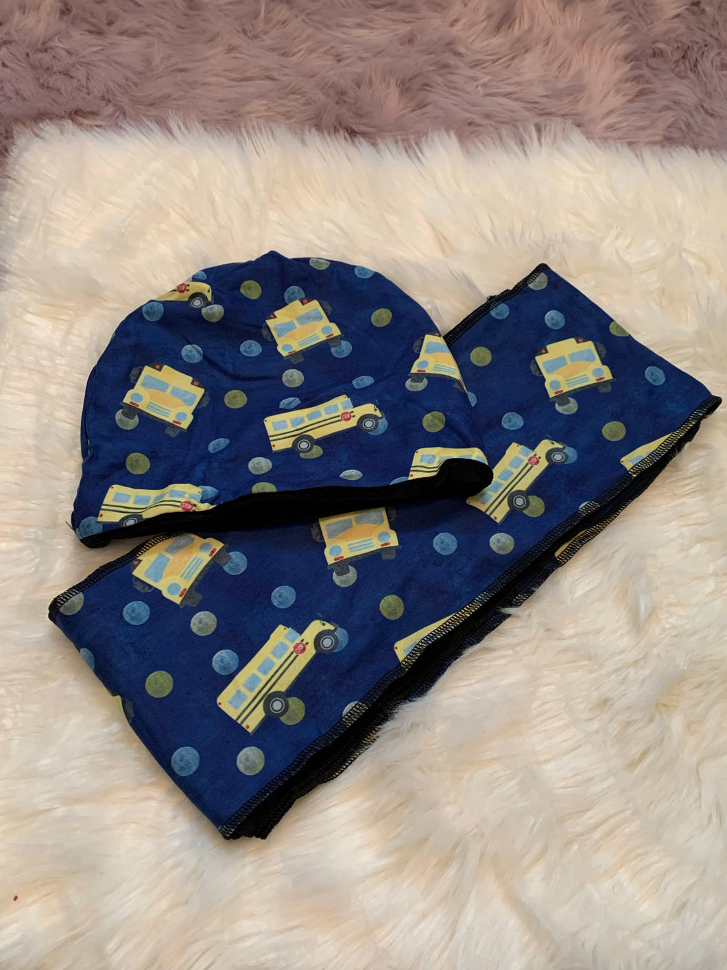 Fleece lined scarf & beanie set- School bus *