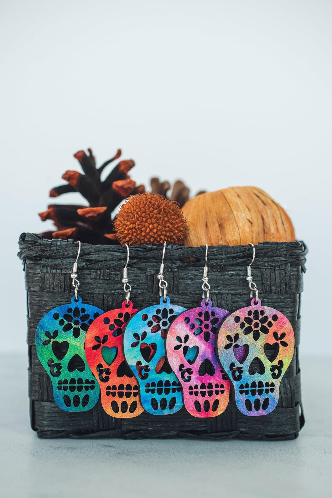 Multicolor Sugar Skull Wood Dangle Earrings*
