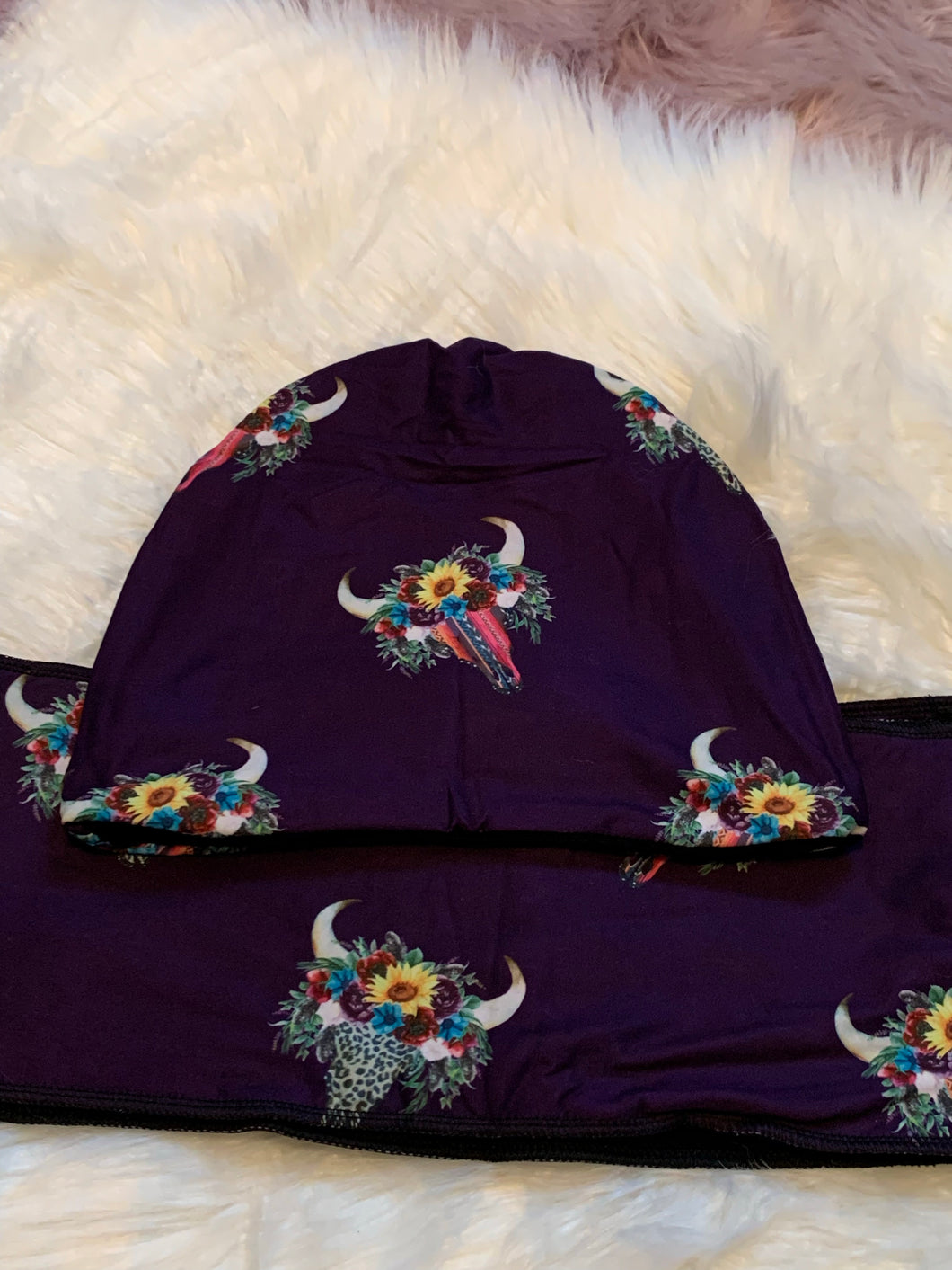 Fleece lined scarf & beanie set- Purple Cow Skull *